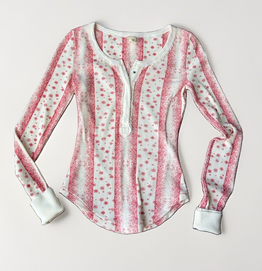 Free People We The Free Lulu Snowflake Henley Thermal Top Stripe Red XS